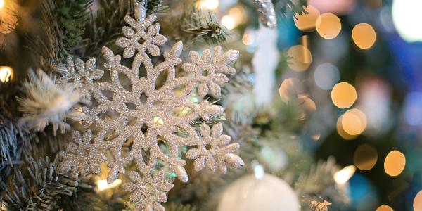 Snowflake in decorated Christmas tree